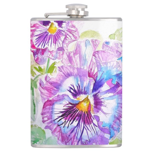 手描きの紫色のパンジーの花のフラワー フラスク (正面)