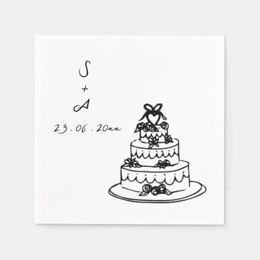 手描きの結婚式のケーキ ウェディング スタンダードカクテルナプキン (正面)