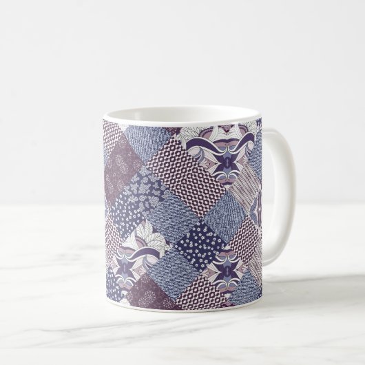 手描きの継ぎはぎの継ぎはぎの模様。ヴィンテージ コーヒーマグカップ (正面右)