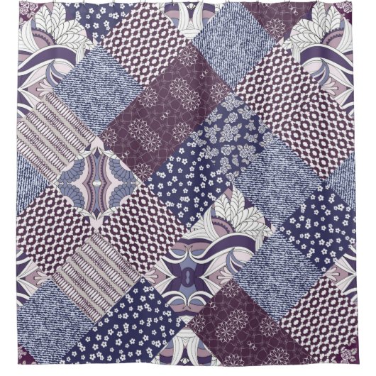 手描きの継ぎはぎの継ぎはぎの模様。ヴィンテージ シャワーカーテン (正面)