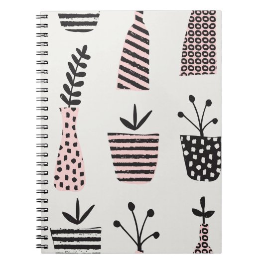 手描きの継ぎ目のない模様で、黒、cの植物が描かれています。 ノートブック (正面)