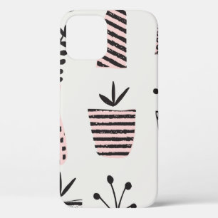 手描きの継ぎ目のない模様で、黒、cの植物が描かれています。 iPhone 12ケース