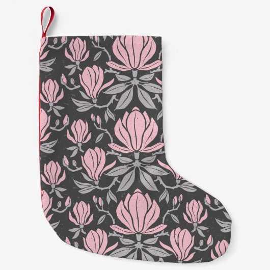 手描きの継ぎ目の無い模様に朴の花を添える。 スモールクリスマスストッキング (正面)