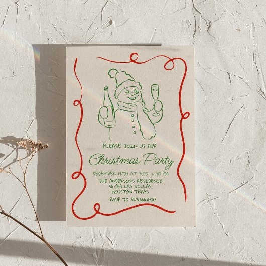 手描きの緑と赤のクリスマススノーマンパーティー 招待状