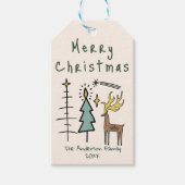 手描きの緑のクリスマスツリーとトナカイ ギフトタグ (正面)