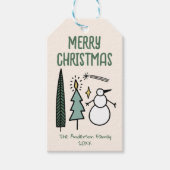 手描きの緑のクリスマスツリーと雪だるま ギフトタグ (正面)