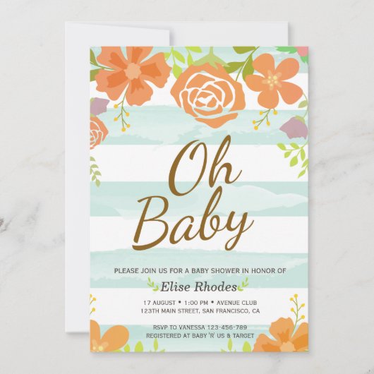 手描きの緑のストライプの花リース 招待状 (正面)