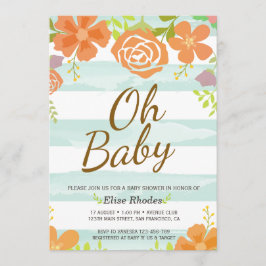 手描きの緑のストライプの花リース 招待状