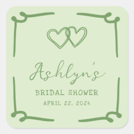 手描きの緑のハートのウェディングシャワーステッカー スクエアシール