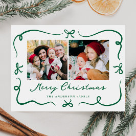 手描きの緑のリボンがかわいいクリスマス2枚写真入りカード シーズンポストカード