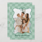 手描きの緑の蝶結びフレーム チェック柄の写真 シーズンカード (正面/裏面)