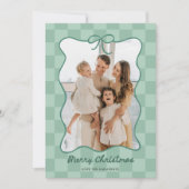 手描きの緑の蝶結びフレーム チェック柄 フォト シーズンカード (正面)