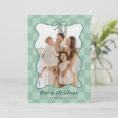 手描きの緑の蝶結びフレーム チェック柄 フォト シーズンカード (スタンド正面)