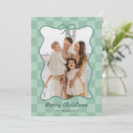 手描きの緑の蝶結びフレーム チェック柄 フォト シーズンカード (スタンド正面)