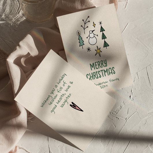 手描きの緑の雪だるまのクリスマスツリーの非写真 シーズンカード