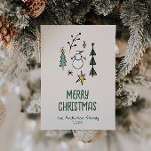 手描きの緑の雪だるまのクリスマスツリーの非写真 シーズンカード