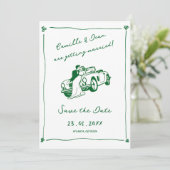 手描きの緑の「セーブ・ザ・デート」写真QRコード 招待状 (スタンド正面)