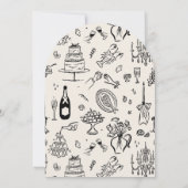 手描きの線画で描かれた、 whimsical（夢幻的・奇想天外）なウェディングスタイル 招待状 (裏面)