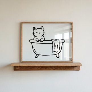 手描きの線画の猫のバスタブのバスルームアート ポスター