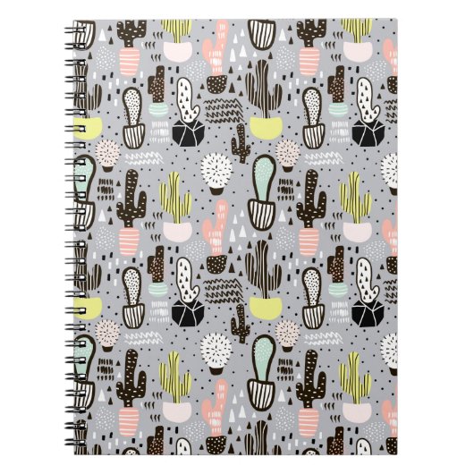 手描きの織り目加工のサボテンパターン ノートブック (正面)