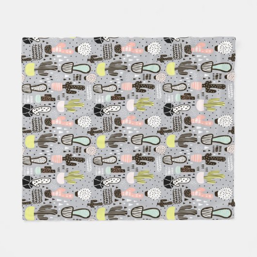 手描きの織り目加工のサボテンパターン フリースブランケット (正面(横))