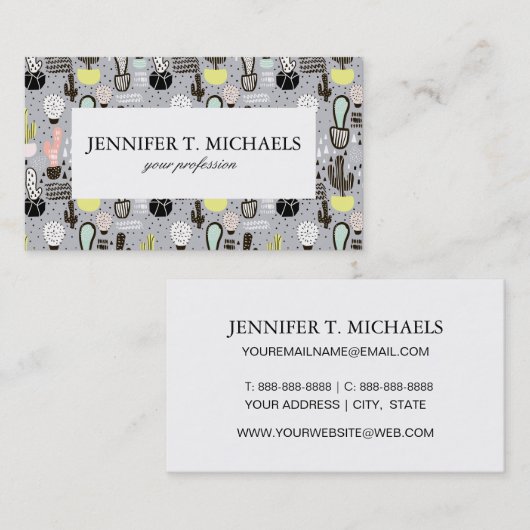 手描きの織り目加工のサボテンパターン 名刺 (正面/裏面)