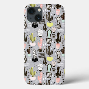 手描きの織り目加工のサボテンパターン iPhone 13ケース