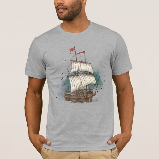 手描きの船が波を切って進むスプラッシュ背景 Tシャツ (正面)