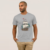 手描きの船が波を切って進むスプラッシュ背景 Tシャツ (正面フル)