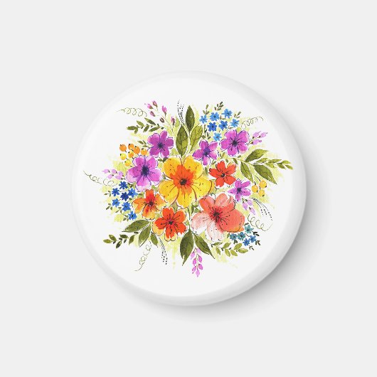 手描きの花々、鮮やかな水彩の花束 マグネット (正面)
