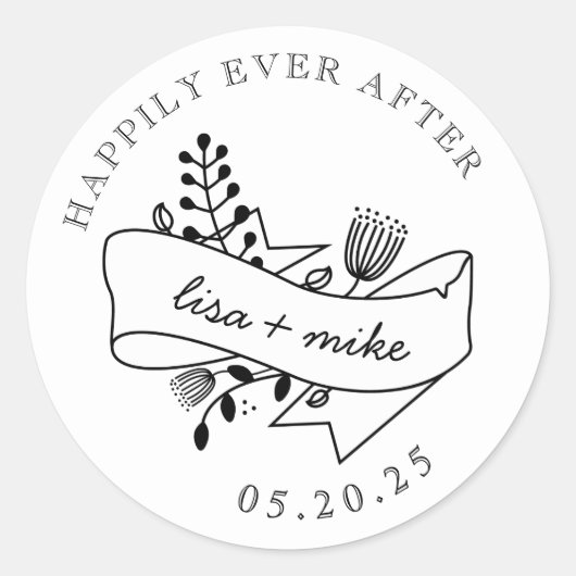 手描きの花で幸せな結婚式 ラウンドシール (正面)