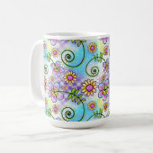 手描きの花と葉の紫ギンガムチェック コーヒーマグカップ (正面左)
