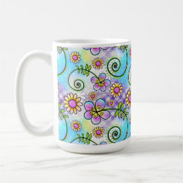 手描きの花と葉の紫ギンガムチェック コーヒーマグカップ