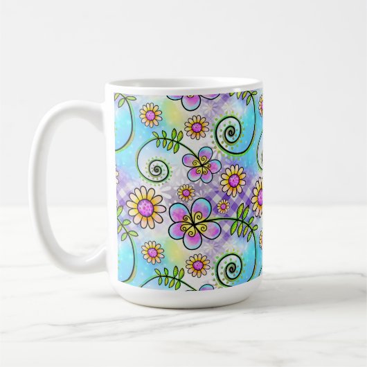 手描きの花と葉の紫ギンガムチェック コーヒーマグカップ (左)