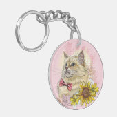 手描きの花と赤いラグドール猫のイラストが可愛い キーホルダー (正面左)