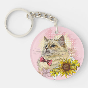 手描きの花と赤いラグドール猫のイラストが可愛い キーホルダー