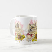 手描きの花と赤いラグドール猫のイラストが可愛い コーヒーマグカップ (正面左)