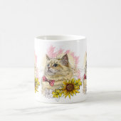 手描きの花と赤いラグドール猫のイラストが可愛い コーヒーマグカップ (中央)