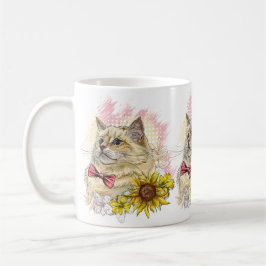 手描きの花と赤いラグドール猫のイラストが可愛い コーヒーマグカップ