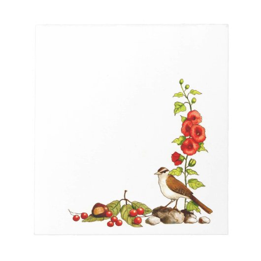 手描きの花と鳥と実の自然ボーダー ノートパッド (正面)