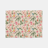 手描きの花と鳥と蜂の植物パターン フリースブランケット (正面(横))