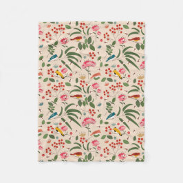 手描きの花と鳥と蜂の植物パターン フリースブランケット