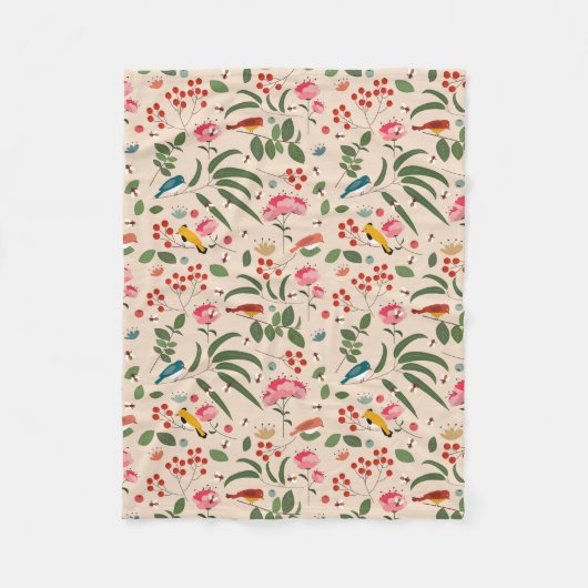 手描きの花と鳥と蜂の植物パターン フリースブランケット (正面)