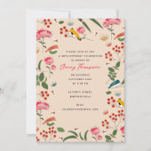 手描きの花と鳥と蜂の植物学の誕生日 招待状 (正面)