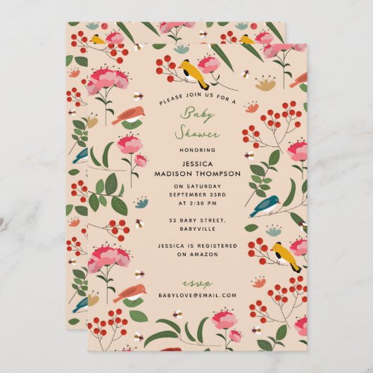 手描きの花と鳥と蜂の植物学 ベイビーシャワー 招待状 (正面/裏面)