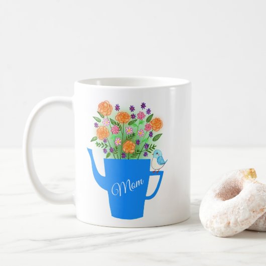 手描きの花と鳥のアート　母の日ギフト コーヒーマグカップ (ドーナツ)