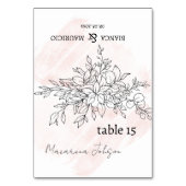 手描きの花のゲスト名が入ったバラ色の水彩 テーブルナンバー (正面)