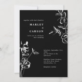 手描きの花のシンプルで洗練されたブラックのウェディングドレス 招待状 (正面)