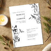 手描きの花のモノクロの結婚式 招待状