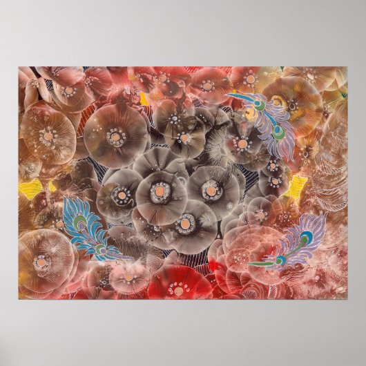 手描きの花の芸術とクジャクの羽 ポスター (正面)